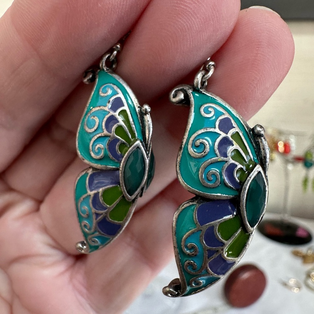 Silvertone enameled butterfly earrings - Picture 3 of 7